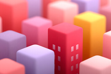Fototapeta premium A delightful abstract rendering features pastel colors and miniature building blocks, creating a playful cityscape perfect for backgrounds or designs, rendered with a smooth matte finish.
