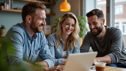 Three colleagues having a productive discussion around a laptop