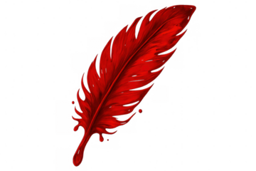Red feather dripping with ink creating artistic splashes, isolated on transparent background, ideal for creative projects