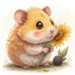 A small, round hamster with golden-brown fur, sitting with its tiny paws holding a sunflower seed. The hamster has big, shiny black eyes, round pink ears, and a little twitching nose