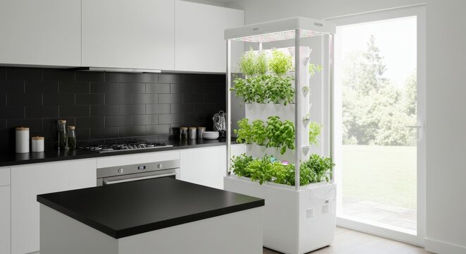 Vertical hydroponic gardening system enriching a contemporary kitchen atmosphere