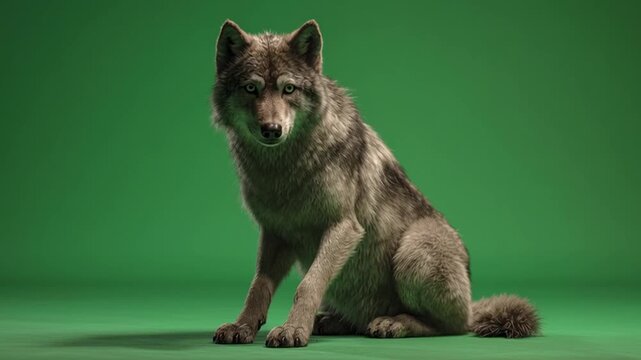 A wolf sitting upright looking to the side on a green screen studio backdrop environment set up green screen animal video