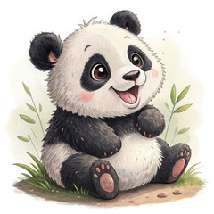 A smiling panda cub with a round, plump body, sitting with its legs spread out. It has big, expressive eyes, black fluffy ears, and a tiny pink tongue sticking out playfully