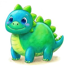 A tiny, chubby dinosaur in bright green with big, round eyes and a playful smile. Its short arms are held close to its round belly, and its small tail curves up slightly