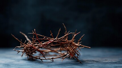 Obraz premium Crown of thorns resting on a textured surface against a dark, blurred background.
