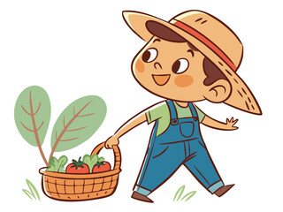 a cheerful young farmer boy with his harvest isolated on white background.