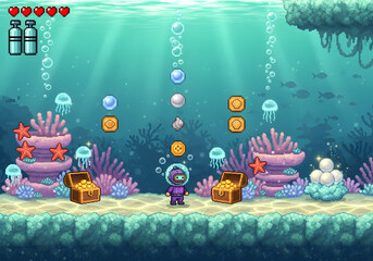 Underwater video game scene featuring a diver collecting treasure chests and coins amidst coral and jellyfish.
