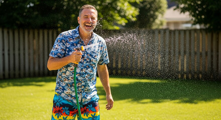 Man Watering Lawn with Garden Hose Smiling Summer Day.