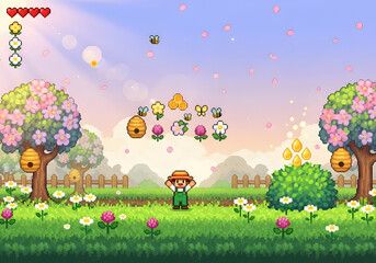 Pixelated farmer in a garden with blooming trees, beehives, flowers, and flying bees, under a sunny sky with floating pixelated icons.