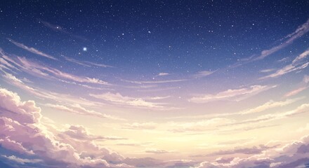 幻想的な夜明け、無数の星と雲が美しく広がる空。