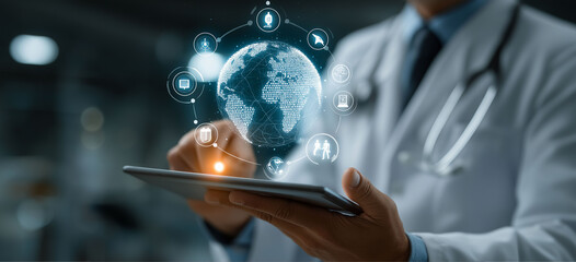 A doctor uses a tablet displaying a digital globe with medical icons