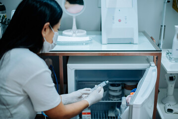 Female healthcare worker using gloves to organize blood samples inside a medical fridge in a clinic setting.