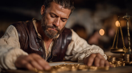 A faithful servant kneeling at dawn, counting coins beside scrolls and scales...