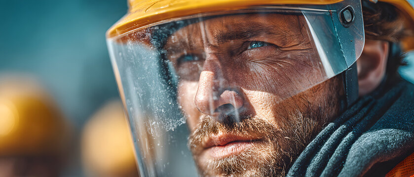 Construction worker wearing yellow hard hat and face shield outdoors on a sunny day Safety equipment for industrial work and protection against workplace hazards - Powered by Adobe