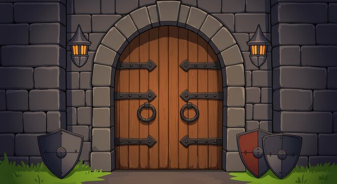 古城の重厚な木製の門が静かに佇む、幻想的な夜。両側に盾が置かれ、灯籠が薄明かりを灯す。