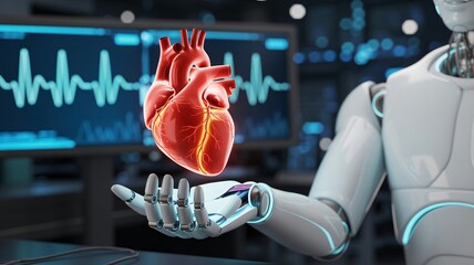 Robotic hand holding a human heart with an EKG monitor in the background