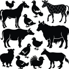 Farm animal silhouettes vector collection: cow, horse, pig, sheep, and chicken illustrations