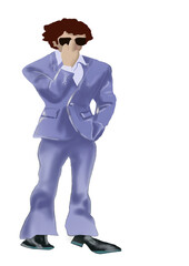 illustration of a young man in a blue suit and black sunglasses
