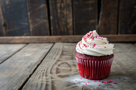 Valentine cupcake decorated with sweet hearts on wooden table
