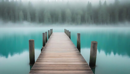 Obraz premium Wooden Pier Extending into Misty Teal Lake , Serene yet slightly eerie atmosphere, created with generative ai