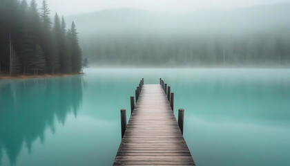 Fototapeta premium Wooden Pier Extending into Misty Teal Lake , Serene yet slightly eerie atmosphere, created with generative ai