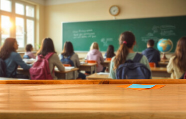 School desk with blurred students and teacher in classroom background. School-related atmosphere of...