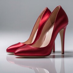 Elegant red high heels on glossy white floor with copy space