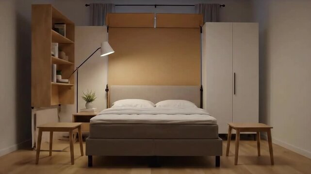 Cardboard boxes unfold, revealing a hidden murphy bed, transforming a minimalist room into a comfortable bedroom, complete with shelves, nightstands, and soft lighting