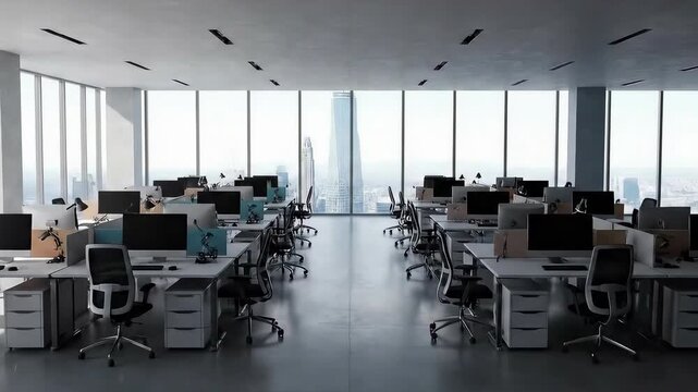 Office space gradually filling with furniture and equipment, starting from a single cardboard box to a fully furnished workspace, symbolizing business growth and development