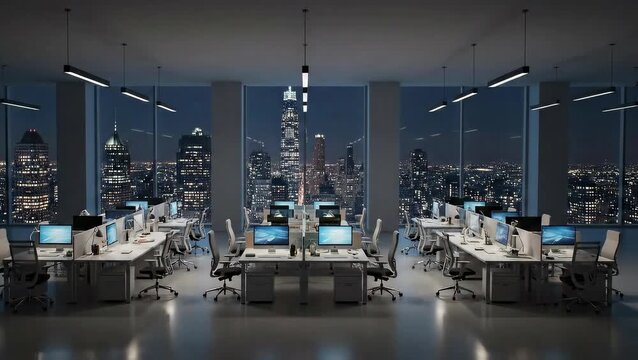 Empty office space gradually filling with furniture, computers and chairs, revealing a stunning night view of the new york city skyline through large windows