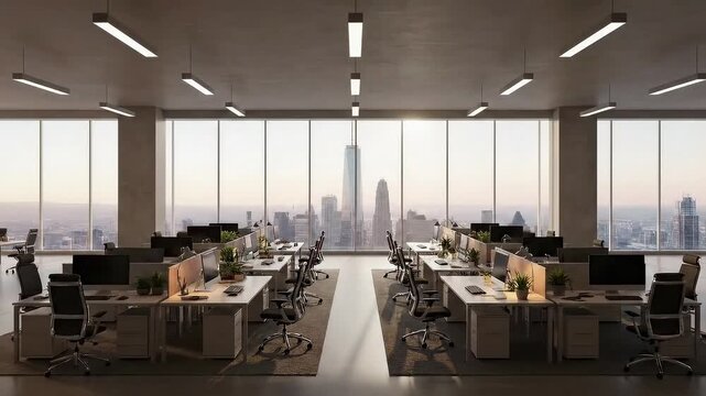 Sunlight streams into a modern office space in new york city as furniture and equipment arrive, transforming the empty room into a bustling workplace