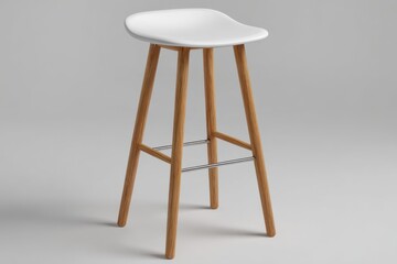 Modern minimalist white molded plastic seat bar stool with natural wood legs isolated on white background