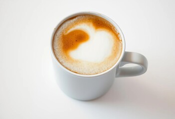Creamy foam atop white coffee in a mug, on a white surface, cafe, surface