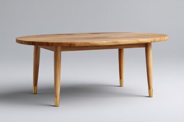A rustic wooden oval dining table with four tapered legs showcasing natural wood grain and texture isolated on white background