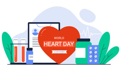 World Heart Day. 29 September. Cardiology. Human heart organ with medical equipment. Cardiovascular disease, healthcare, treatment. Isolated vector illustration in cartoon