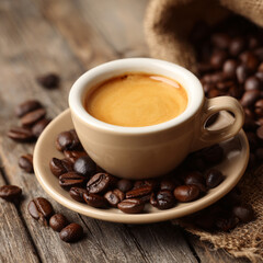 This image showcases a creamy espresso coffee cup along with a spread of coffee beans set on a rustic wooden table with ample copy space image