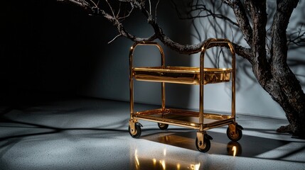 Gold-toned service cart with two tiers, positioned in a dark setting with a bare tree branch.