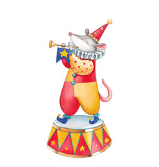 Character circus mouse with a pipe. Watercolor hand-drawn illustration of a rat in a suit. Clipart on a white background for decorating a children's room and holiday decor. © Tana Svoboda