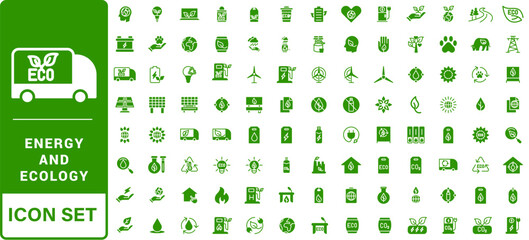 Green alternative energy and ecology icons set