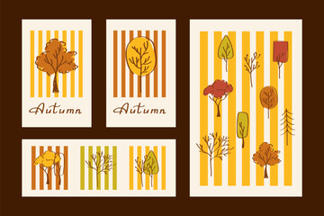 Autumn greeting card set with striped tree designs. A collection of autumn-themed greeting cards with stylized tree illustrations and warm fall tones. Perfect for seasonal stationery