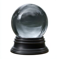 A clear crystal ball with a dark base sits isolated on a pure white background symbolizing fortune telling and the future isolated on white background