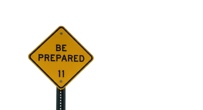 Ai generated image of a yellow diamond sign with be prepared and the number 11 is isolated on transparent background, urging readiness and caution - Powered by Adobe