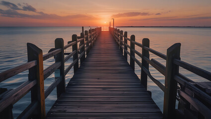 Obraz premium Old Abandoned Jetty at Sunset, Deserted Wooden Pier at Sunset, Enchanted sunrise hues illuminate lake, ancient wooden jetty reaching towards light , purple, light, created with generative ai
