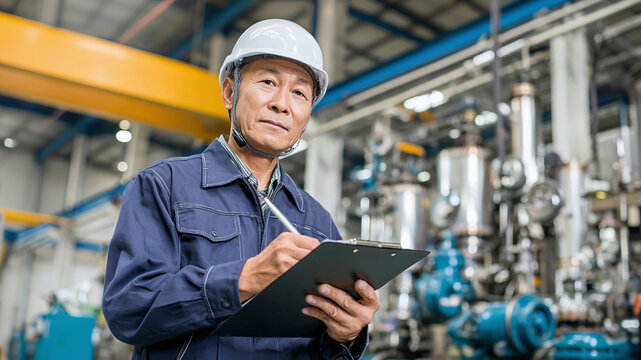 Factory Worker Inspection: A factory worker in a hard hat meticulously inspects machinery with clipboard in hand. Ensuring quality & safety.