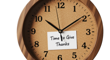 Ai generated image of a clock with a note saying time to give thanks isolated on transparent background, reminding us of the thanksgiving holiday