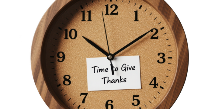 Ai generated image of a clock with a note saying time to give thanks isolated on transparent background, reminding us of the thanksgiving holiday