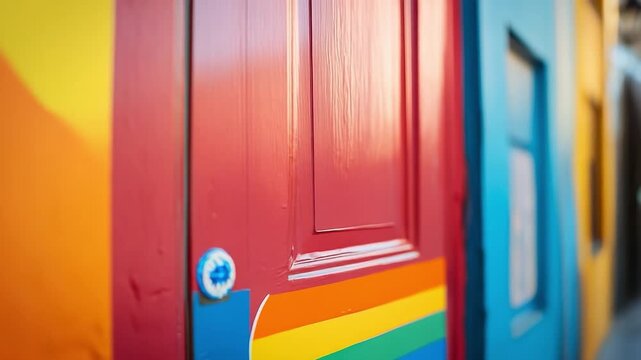 Door with a rainbow sticker on it. The door is red and blue