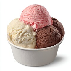 A delicious bowl filled with four scoops of assorted ice cream flavors including strawberry vanilla chocolate and coffee isolated on white background