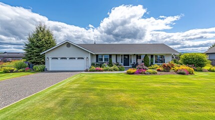 Ranch-style house, sunny day, landscaped yard, rural setting, real estate listing