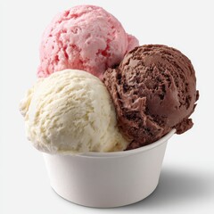 Delicious trio of strawberry chocolate and vanilla ice cream scoops in a white cup isolated on white background
